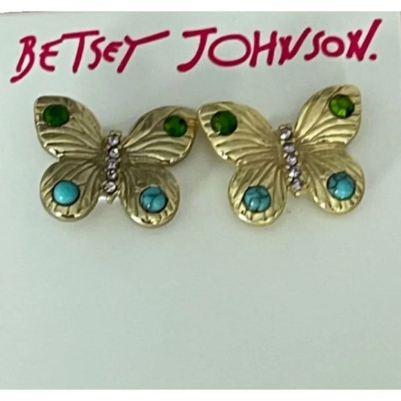 Betsey Johnson Textured Gold Teal & Green Stones Accent Pave Butterfly Earrings - Picture 2 of 2